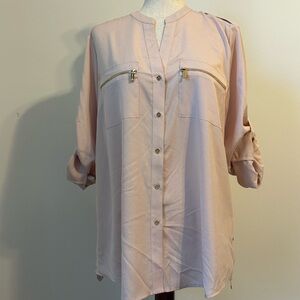 Calvin Klein Pink Boxy Blouse with Cuffed 3/4 Sleeves and Mandarin Collar